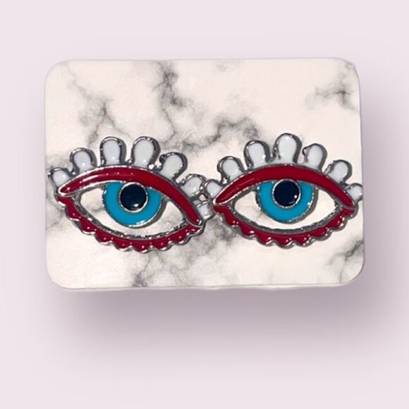 Red Evil Eye Gold Post Earrings - Picture 2 of 8